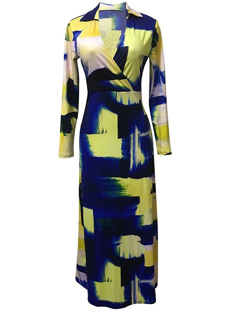 Locryz Women's V Neck 3/4 Sleeve Digital Printed Loose Long Maxi Party Dress with Belt (XL, Blue 1) - Image 3